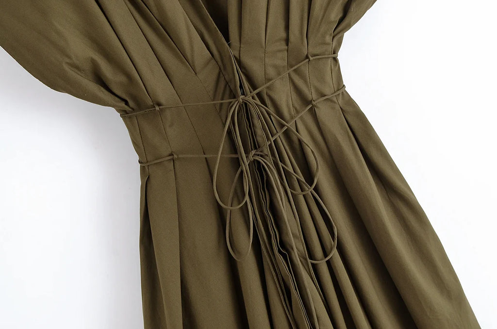 Solid V-Neck Short Sleeve Bow Lace-Up Single-Breasted Women's Fashion Casual Dress Female Summer Elegant Long Dress