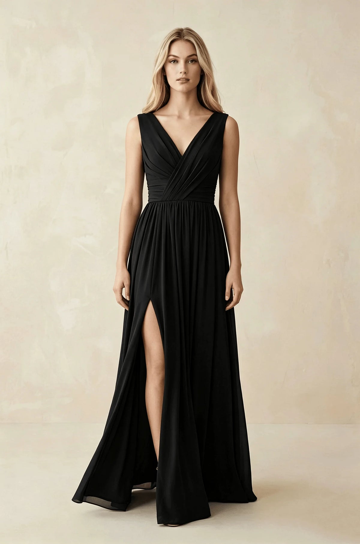 Sleeveless Deep V Neck Chiffon Formal Dress Ruched Empire Waist Front Split A‑Line Floor‑Length Bridesmaid Party Prom Dresses
