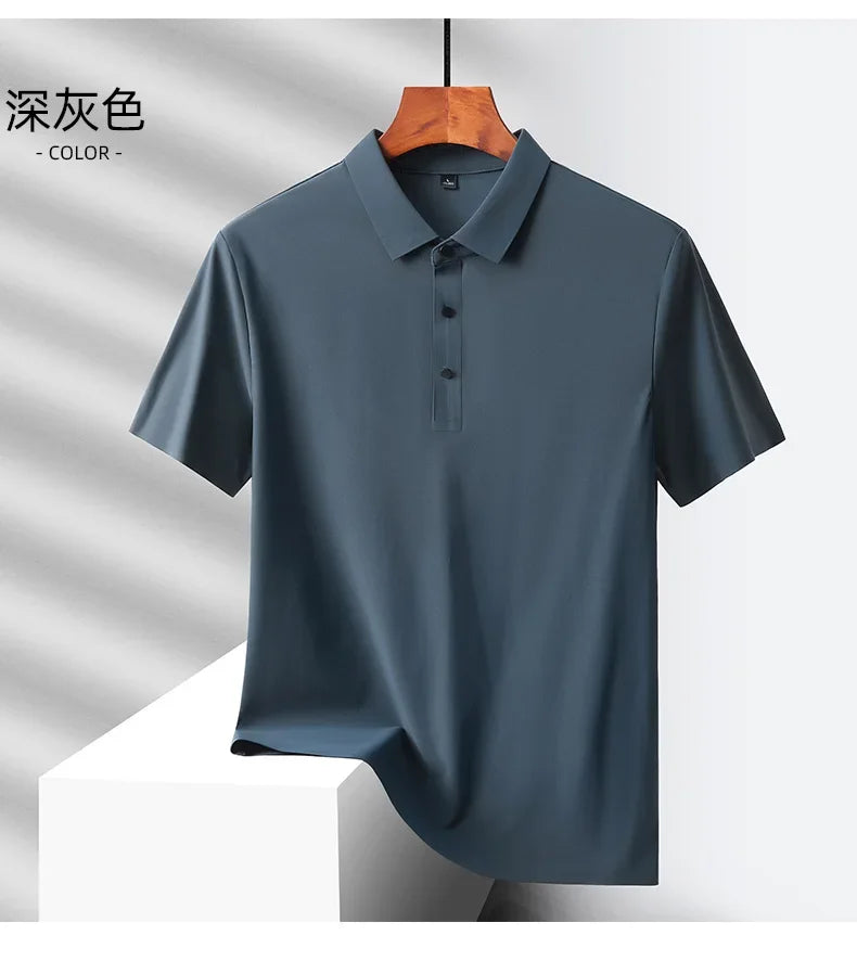 Summer Ice Silk Quick Drying Loose Polo Shirt Middle Aged Men's Solid Lapel Button Simple Versatile Casual Thin Short Sleeve Top