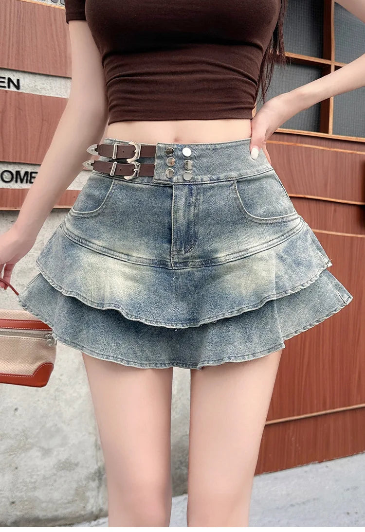 2026 American Pure Desire Spicy Girl Design Elastic Denim Skirt Half-length Pleated Cake Skirt Short Commute High Elasticity