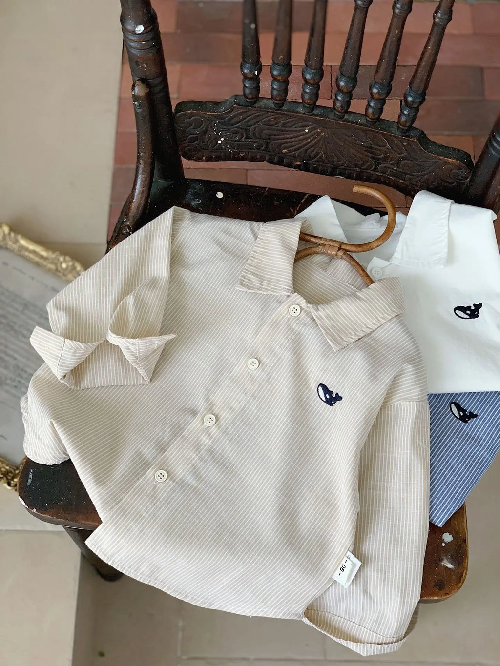 2-7Y Kids' shirts Small fish embroidery striped Boys Cardigan cotton turn-down collar Children's long sleeve shirt