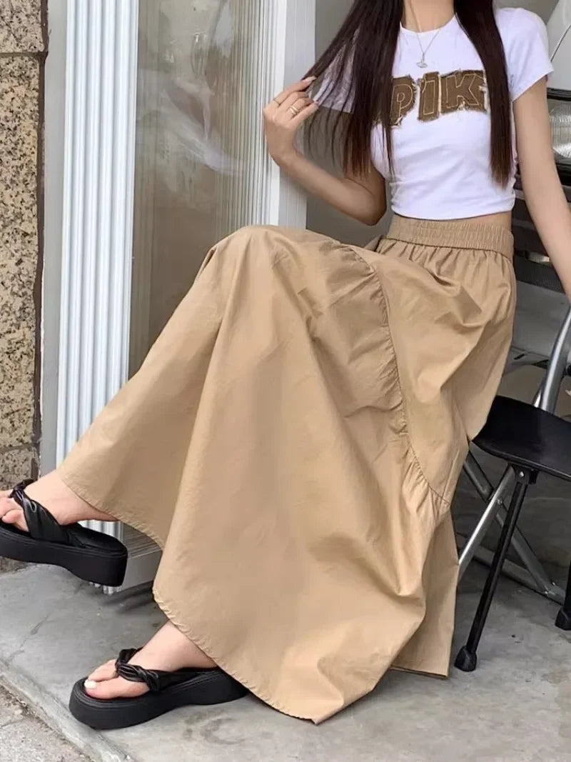 Elegant Women's Skirt Autumn New A-line Simple Fashion Solid Color Bustier Korean Pleated Splicing Elastic Waist Long Skirt