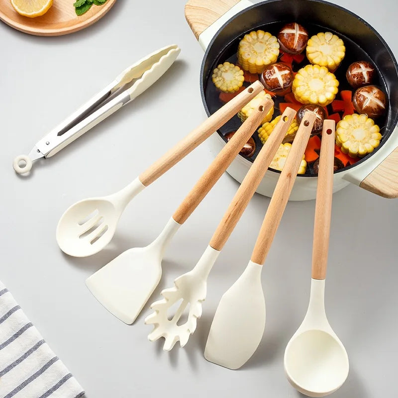 2/12Pcs White Silicone Kitchen Utensils Set with Wooden Handle,Cookware Spatula, Heat Resistant Non-stick Kitchen Cooking Tools