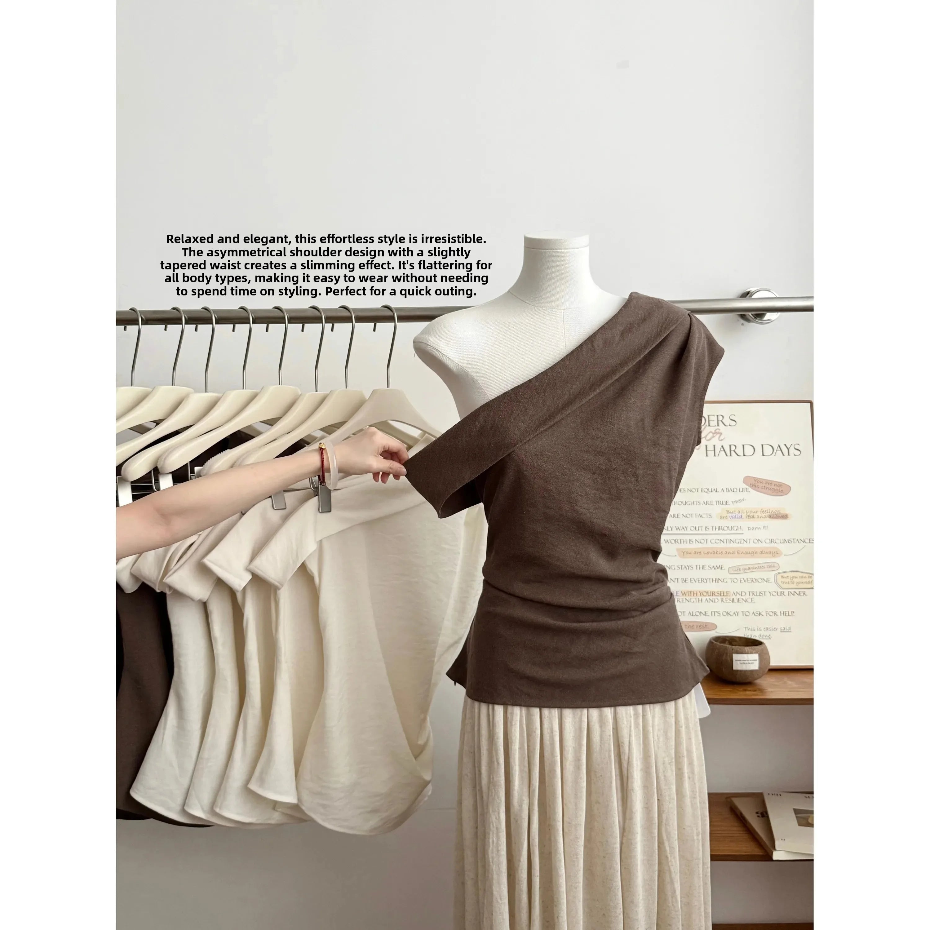 Lin Summer Vintage Oblique Shoulder Vest Cotton Linen Slimming Design Sensation Personality Spring Summer New Style Top T-shirt