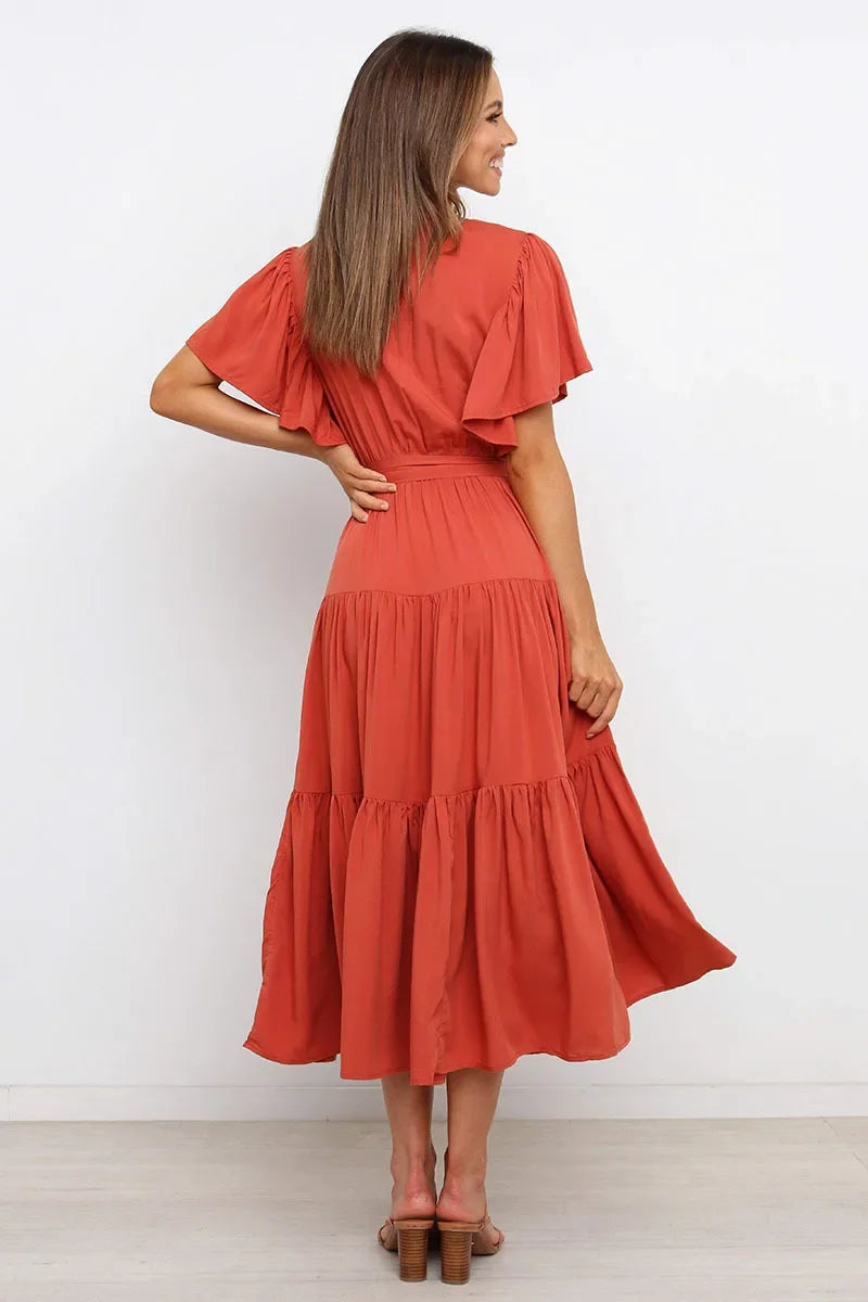 Summer Bohemian Long Dress Pure Color V-Neck Short Sleeve Empire Waist Design Floor Length with Belt Loose Fit Women's Dress