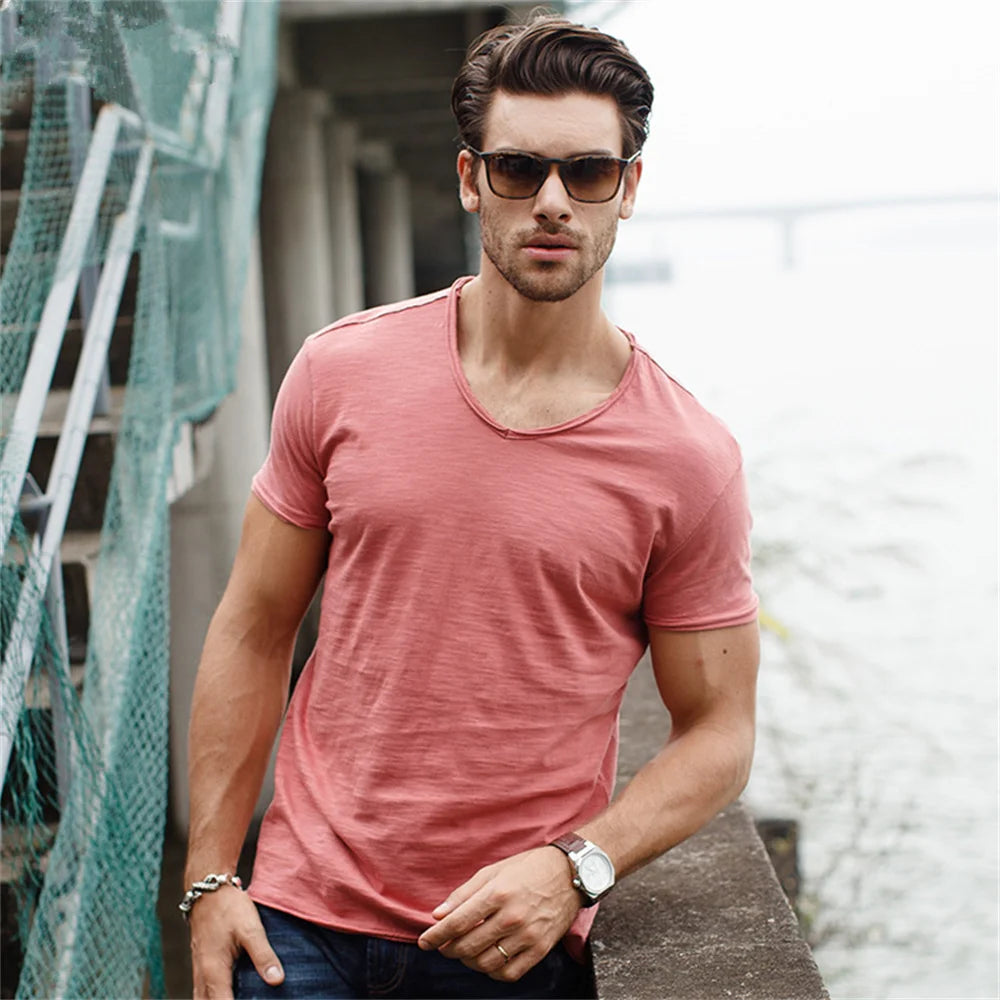 Aiopeson 100 Percent Cotton Men V Neck Slim Fit T Shirt Premium Comfort Casual Tee
