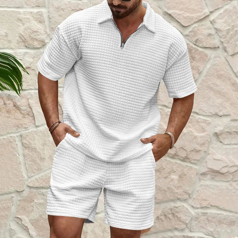 Mens Plaid Lapel Summer Breathable Sports Suit Set Short Sleeve Top And Shorts For Youth Men