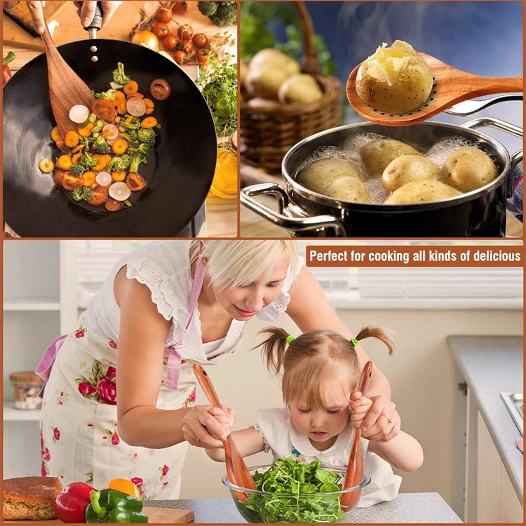 LMETJMA 10 Unidades de Utensilios de Cocina de Madera de Teca Natural, Juego de Cucharas y Espátulas de Madera para Cocinar y Hornear JT503
