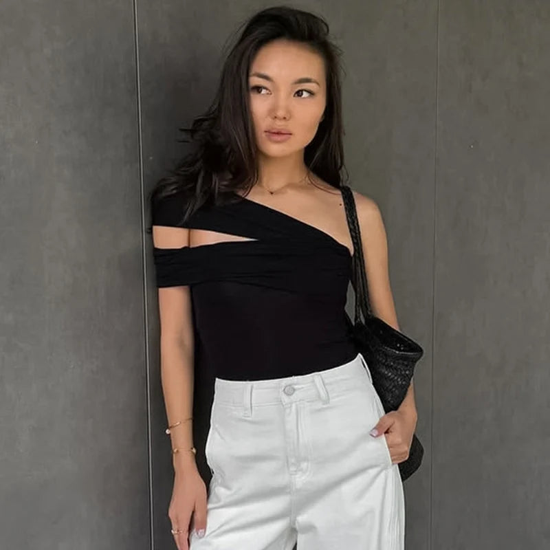 Trendix Black Bodycon Crop Tops For Women's 2026 Summer Off Shoulder Tank Top Street Slim Party Sexy Asymmetric Vacation Top