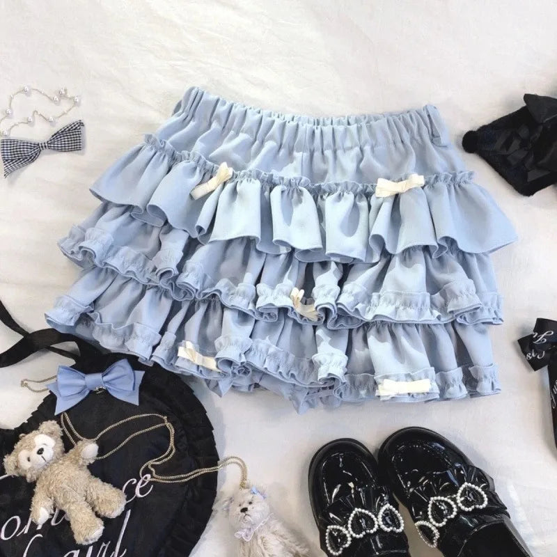 Y2K Sweet Ruffles Mini Skirt Women Kawaii Lolita Bow A Line Skirts Harajuku Japanese Cute High Waist Pink Blue Cake Skirt