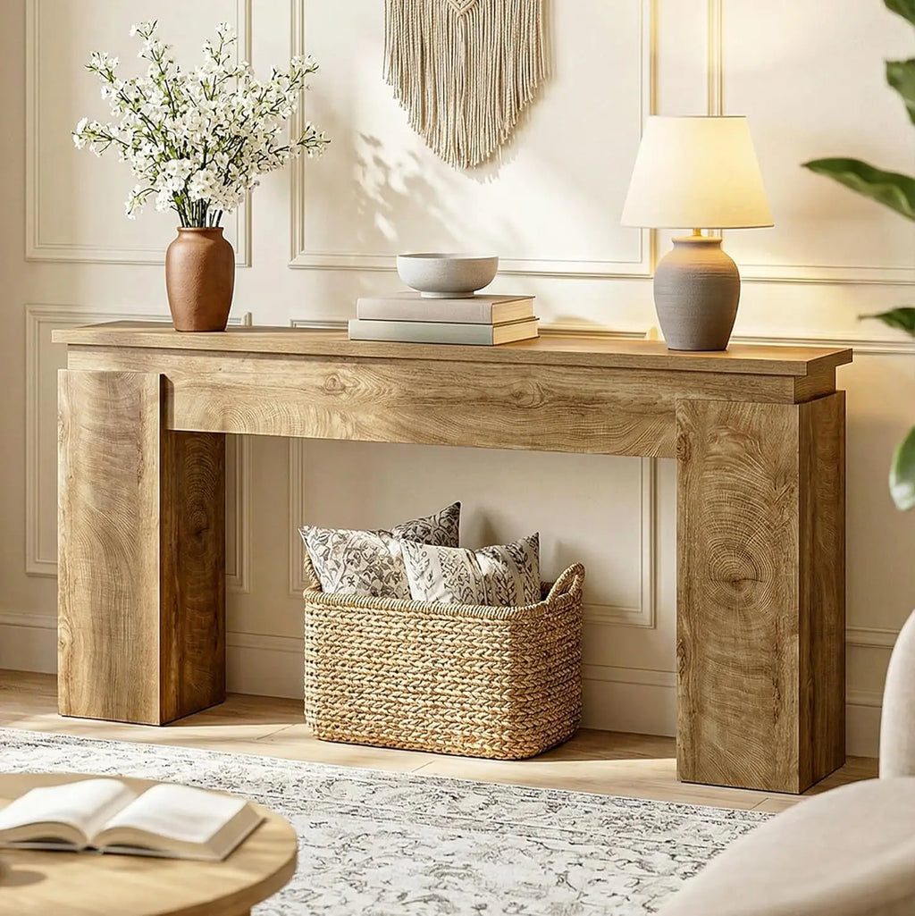 63-Inch Console Sofa Table, Farmhouse Rustic Entryway Table with Open Storage for Living Room & Hallway, Natural Oak, Customized