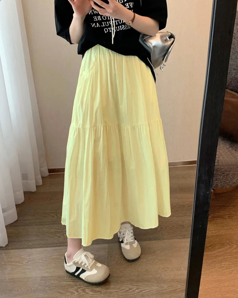 Summer Women Skirts Vintage High Waist Elastic Patchwork White Long skirt Chic pink skirt Long Cake A-line Skirt