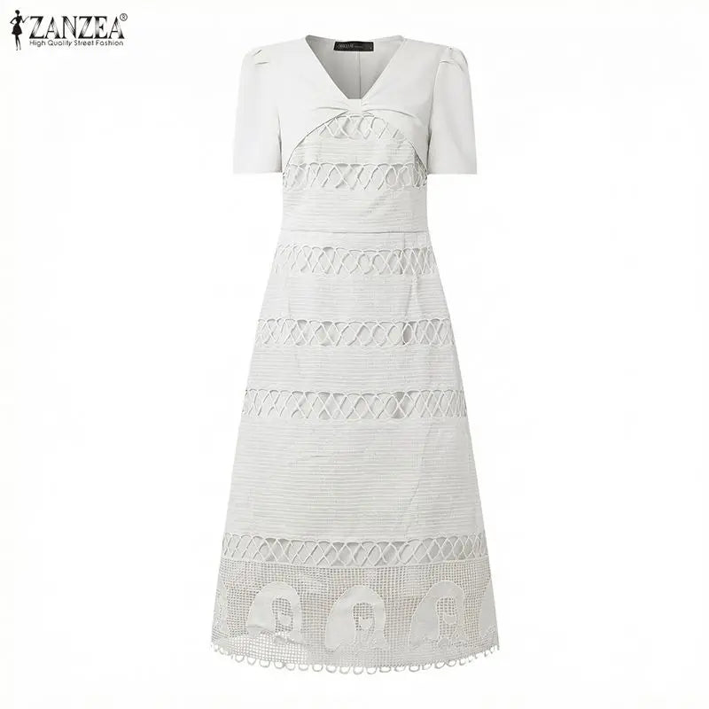 Stylish Women Lace Patchwork Dresses ZANZEA 2026 Summer Sundress Elegant V Neck Party Dress Short Sleeve Embroidered Work Robes
