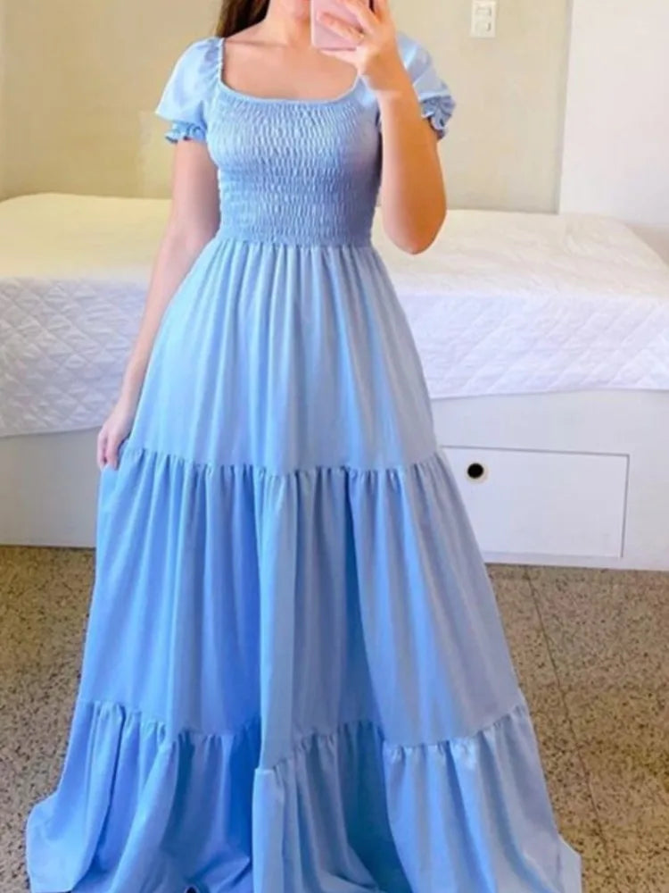 New Women's Boho Floral Dress Spring Summer European American Women's Clothing Off-shoulder Fragrant Long Solid Color Dress