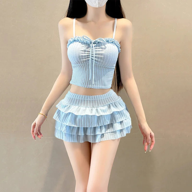 Summer 2 Piece Skirt Set Women Tube Top Tie Front Ruffle Mini Skirt Y2K Cute Holiday Beachwear
