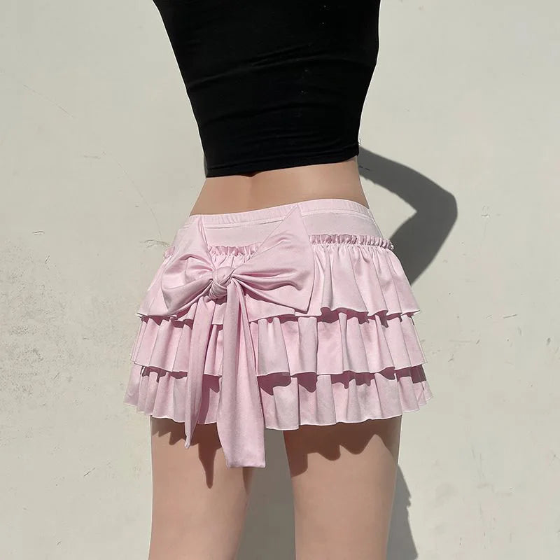 Pink Ruffled Mini Skirt Women Fashion Sexy Bow Pleated Skirt Casual Layered Sweet Preppy Style Summer Hot Skirt.