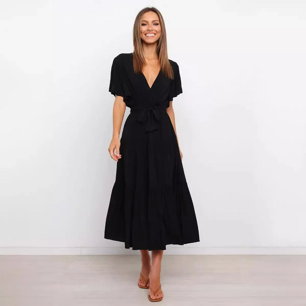 Summer Bohemian Long Dress Pure Color V-Neck Short Sleeve Empire Waist Design Floor Length with Belt Loose Fit Women's Dress