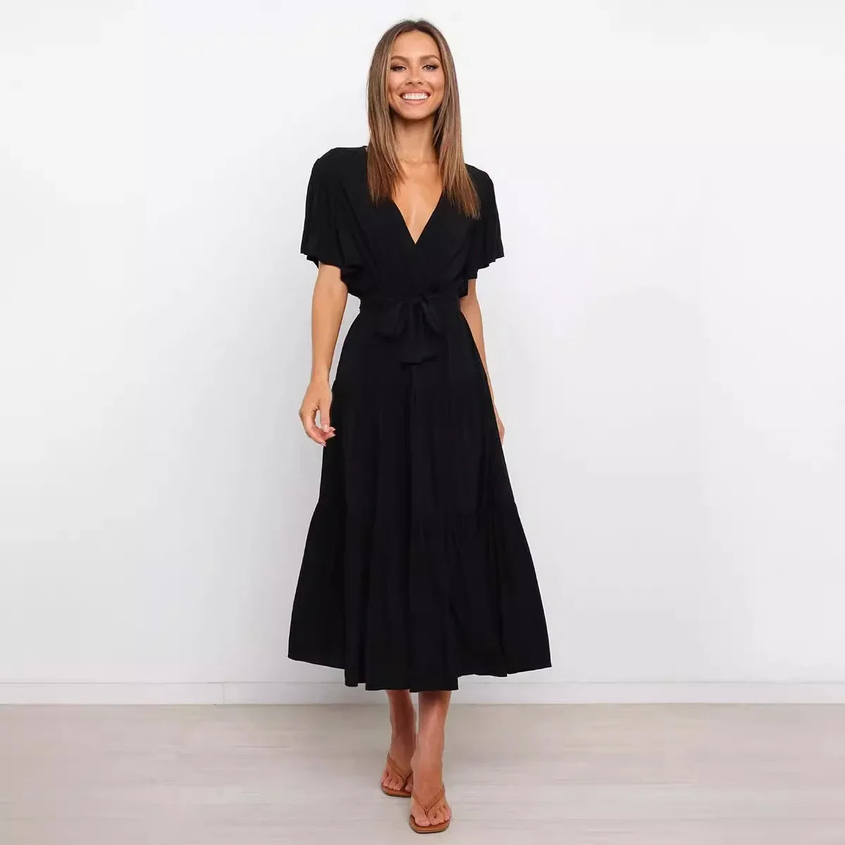 Summer Bohemian Long Dress Pure Color V-Neck Short Sleeve Empire Waist Design Floor Length with Belt Loose Fit Women's Dress