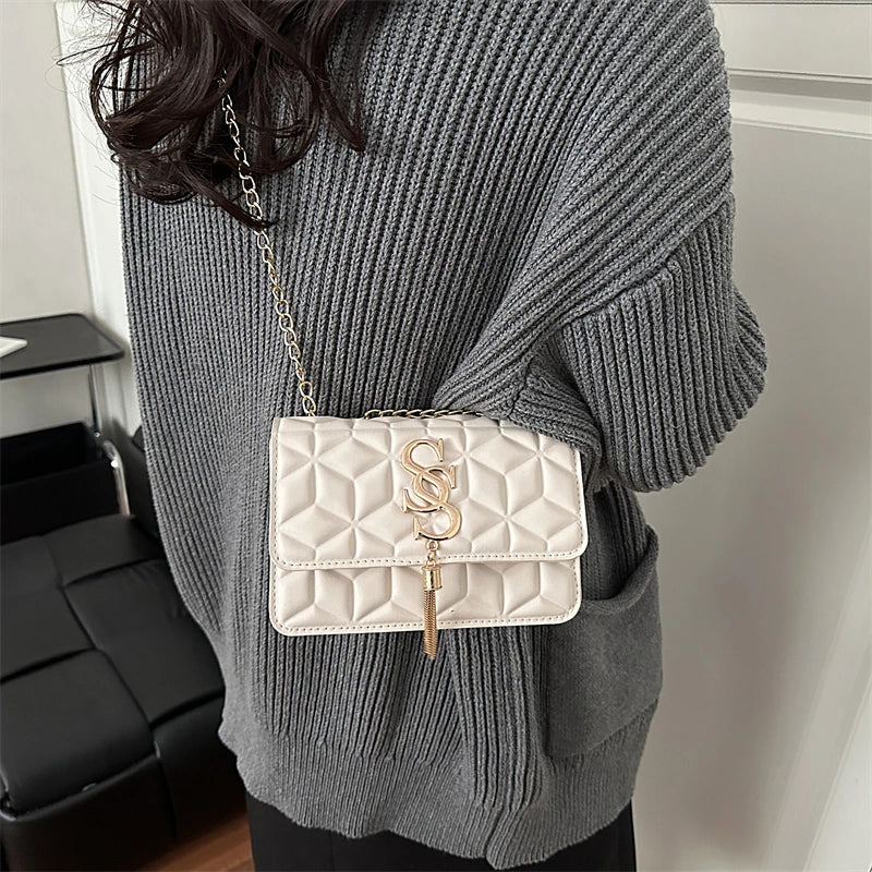 Fashionable Small Fragrant Style Argyle Quilted Small Square Bag Metal Letter Tassel Diagonal Cross Bag Commuter Shoulder Bag