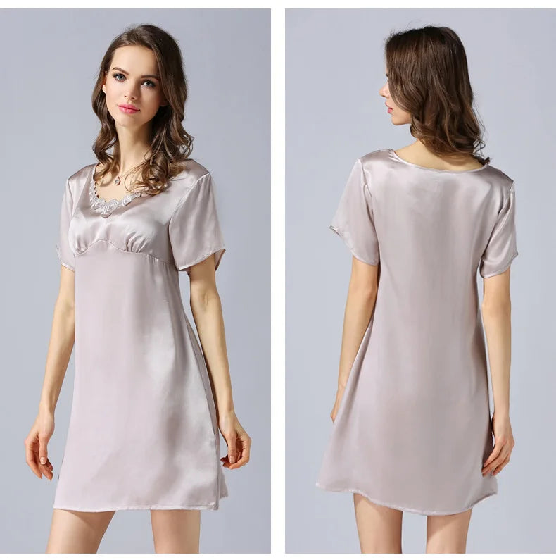 Women's 2023 Spring/Autumn Silk Pajamas 100%Natural Mulberry Silk Short Sleeved Nightdress Noble Silk Home Clothes Pajamas