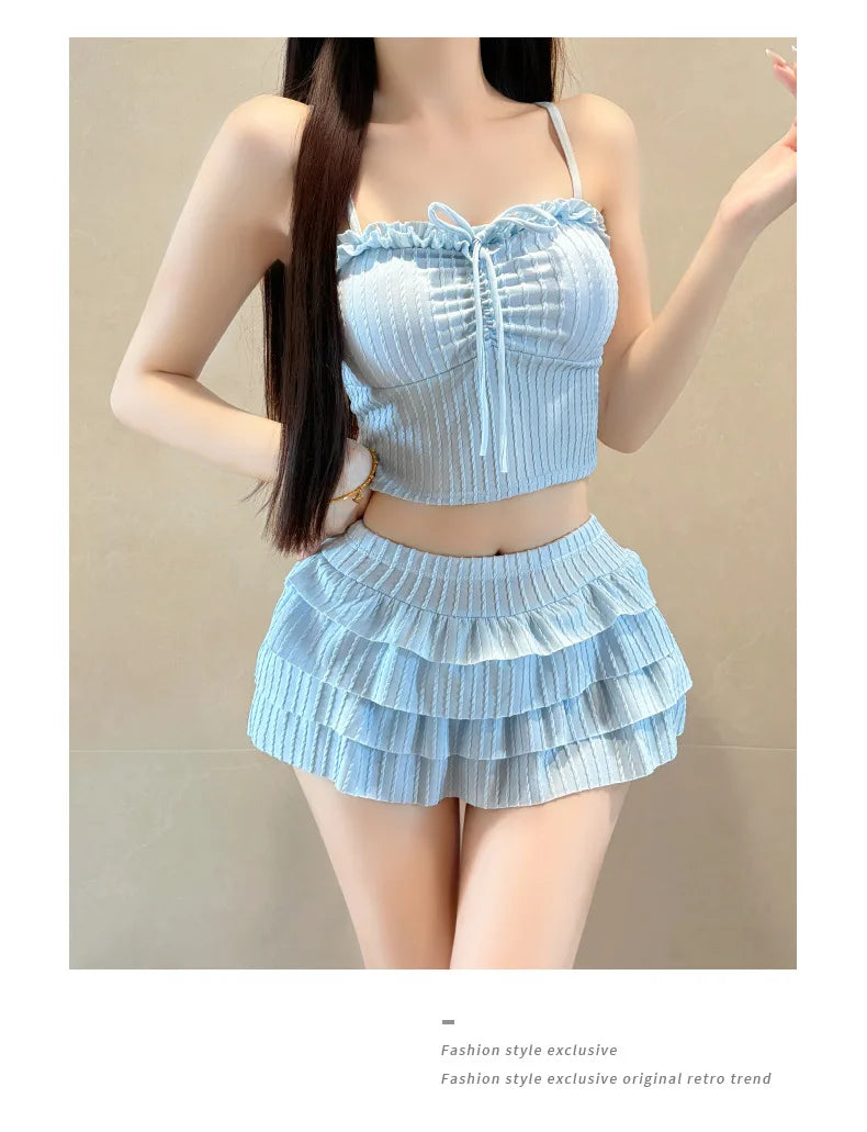 Summer 2 Piece Skirt Set Women Tube Top Tie Front Ruffle Mini Skirt Y2K Cute Holiday Beachwear