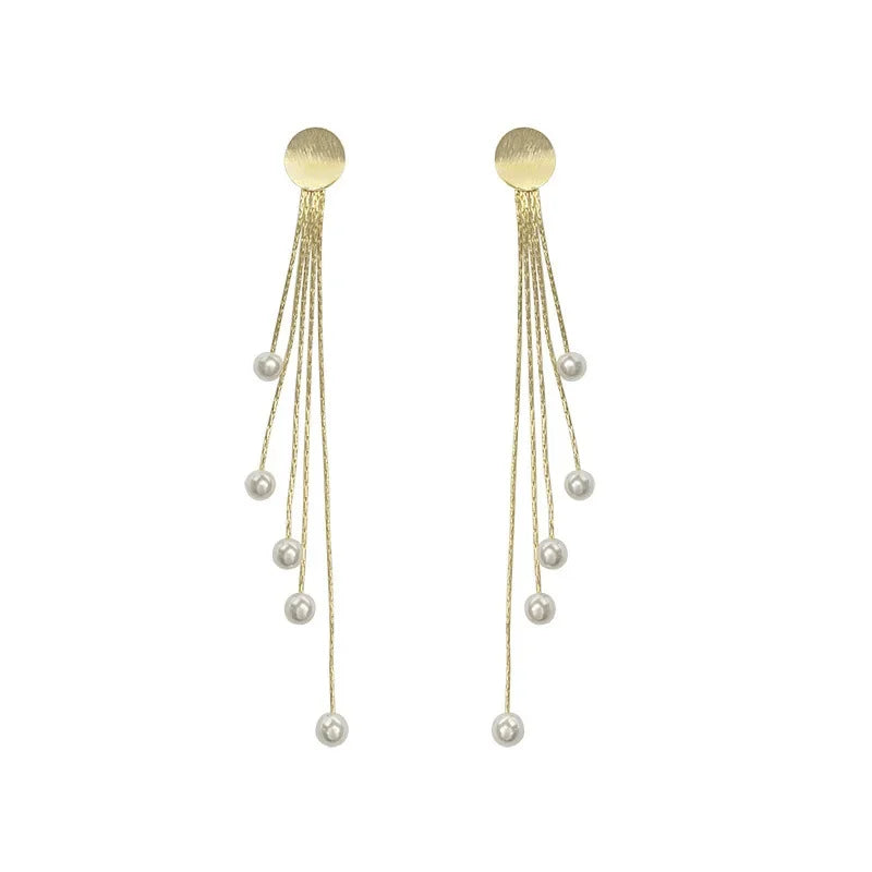 Korean Fashion Style Pearl Long Tassel Clip on Earrings for Women Simple Temperament Long Chain Non-piercing Ears Clip Earrings