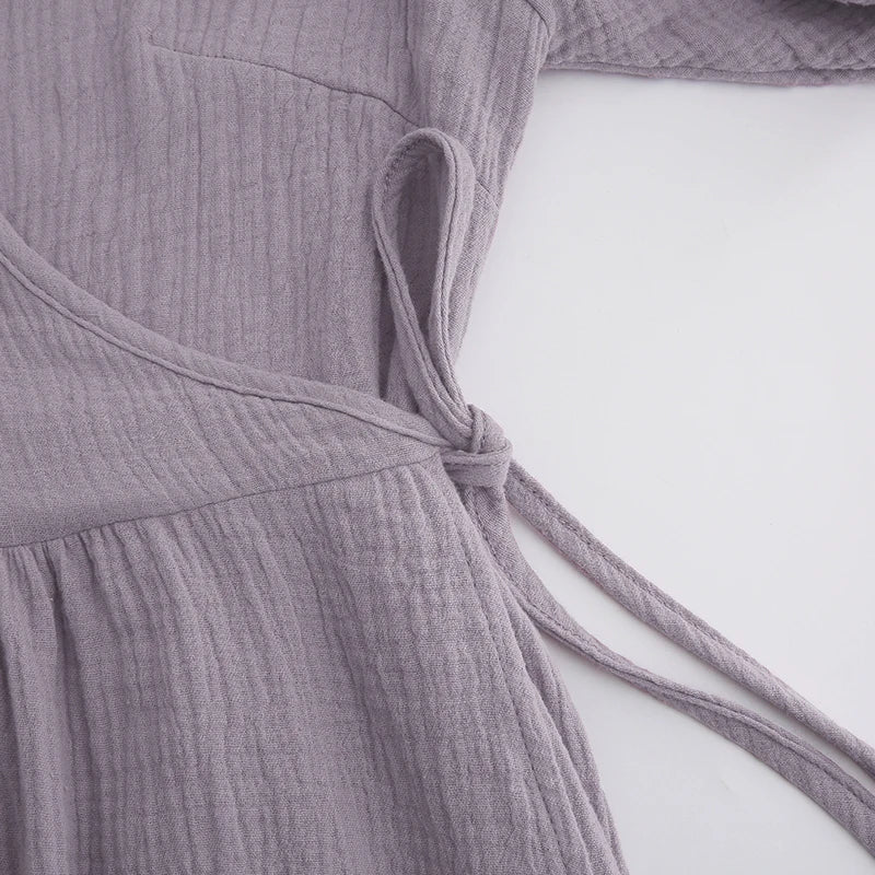 Vintage 100% Cotton Women's Dress Retro Crepe Gauze V-Neck Puff Sleeve Bandage Lace Up Elegant Dresses For Women Long Maxi Robe