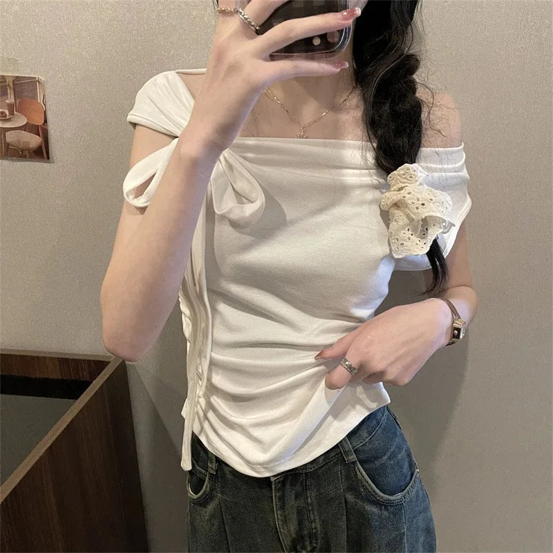 Sexy Spice Girl Shoulder Short Tshirt Women's Strap Slit Cleanfit Style Ladies' T-shirt Linen Fabric A-line Sleeve Other Mate...