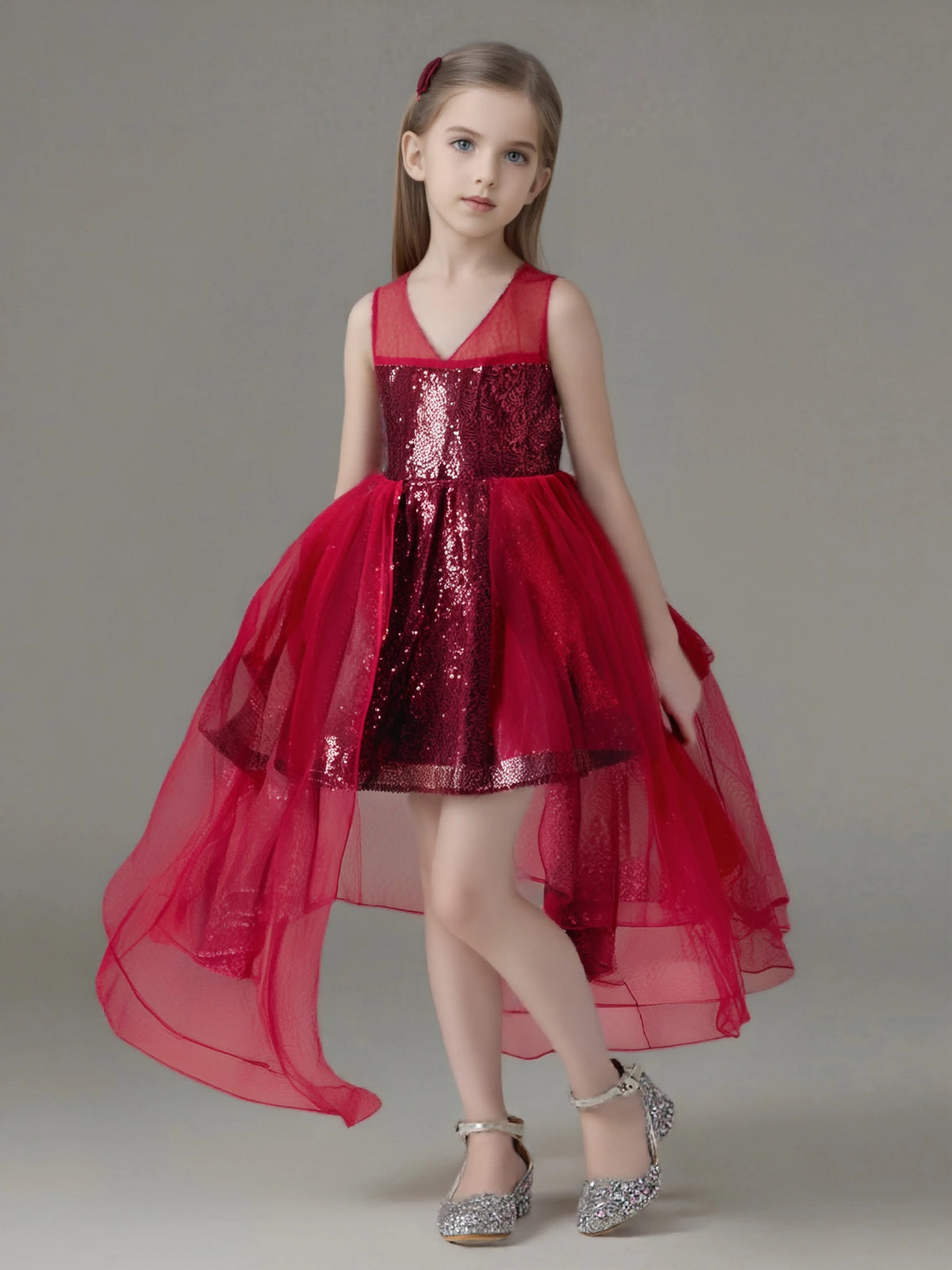 HETISO Fashion Girls Sequin Princess Dress Tulle Sleeveless Banquet High end Lace Evening Ball Gown for Kids Child 2-6 Years