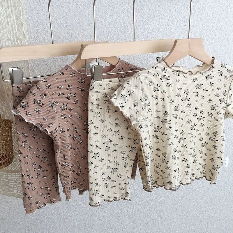 Summer T-shirt Sets Fashion Girls Short Sleeve Suits Kids Flower Printed Tops+Pants 2Pcs Children Casual Clothes Outfits