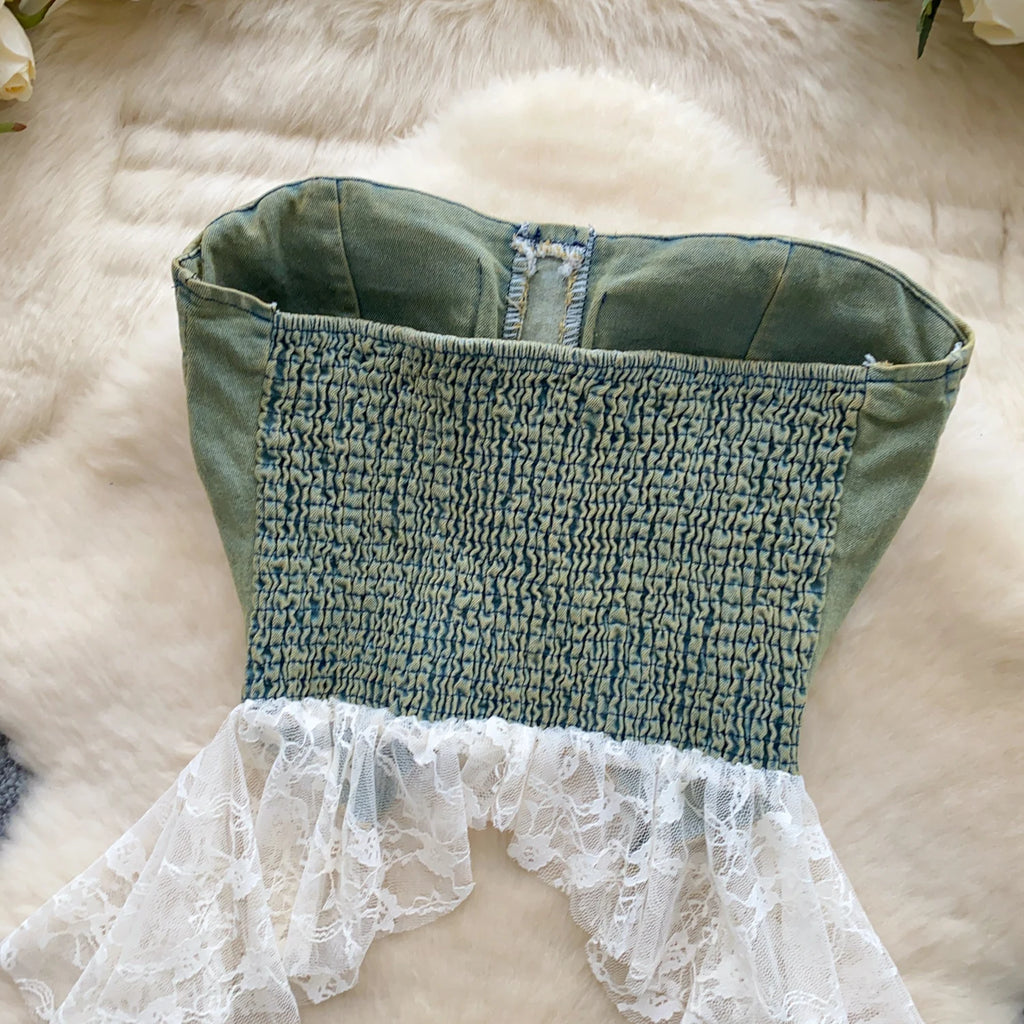 Sexy Spliced lace Chic Crop Top Korean Tanks Top Women Women Corset Bustier  women clothing