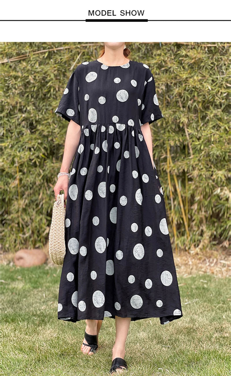 Summer Cotton Vintage Casual Loose Black Dresses For Women Short Sleeve Polka Dot Dress Femme Robe Vestidos Elegant Long Clothes