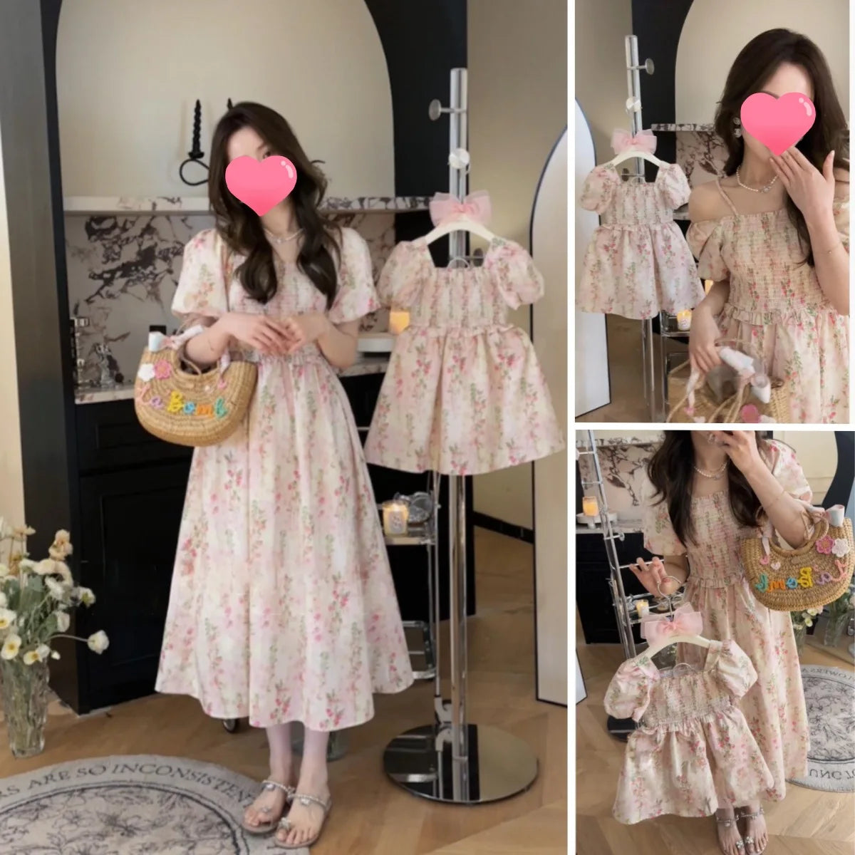Parent-child Clothing Floral Dress Sweet Cute Children's Clothing Skirt Mother Same Mother-daughter Clothing Bubble Sleeve Skirt