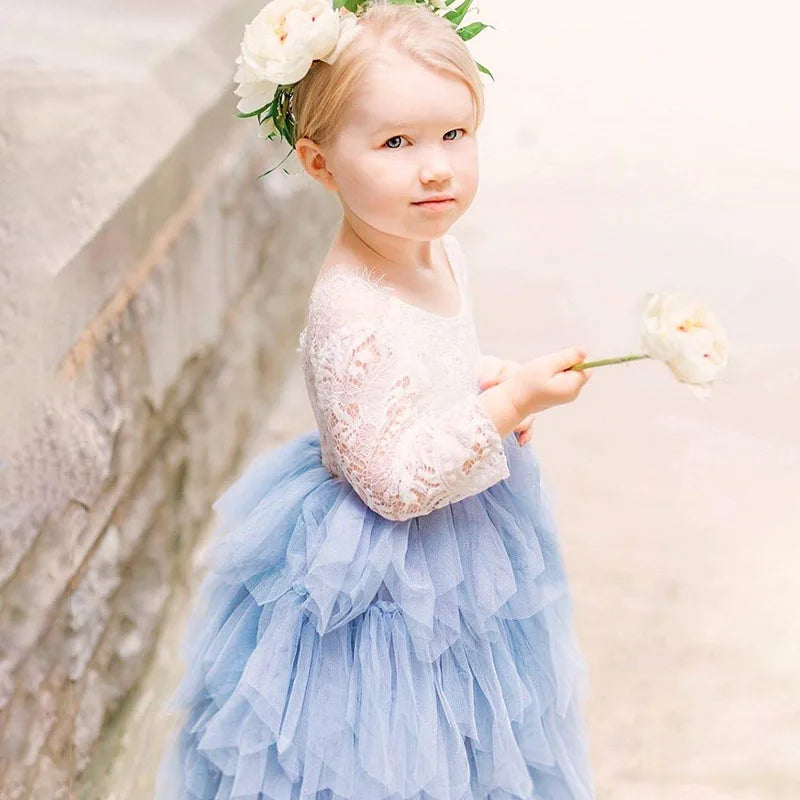 Princess Girls Festival Dress for 6m To 13 Years Old Elegant Flower Girl Vacation Layered Dress Lace Backless Evening Dresses