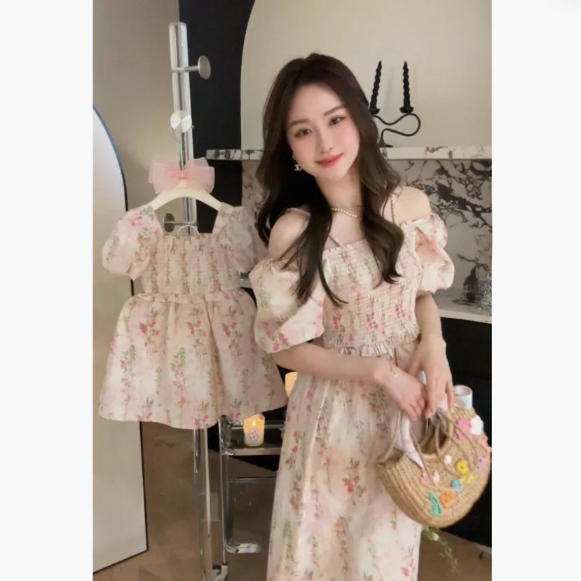 Parent-child Clothing Floral Dress Sweet Cute Children's Clothing Skirt Mother Same Mother-daughter Clothing Bubble Sleeve Skirt