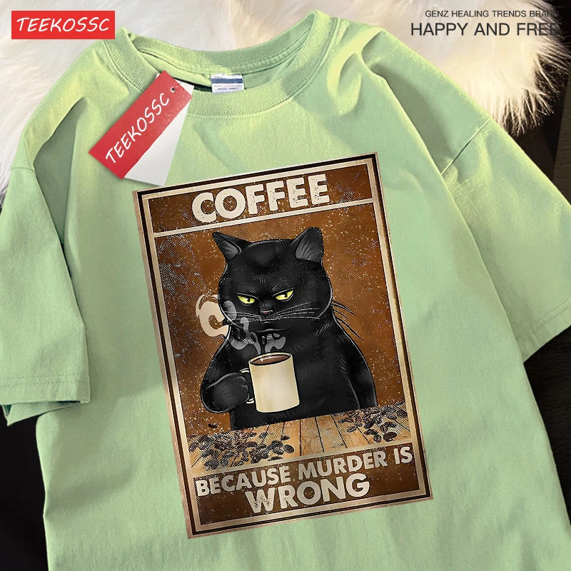 Porque Matar Está Mal Camiseta Unisex Oversize de Algodón Transpirable de Gato Negro Bebiendo Café Ropa Urbana