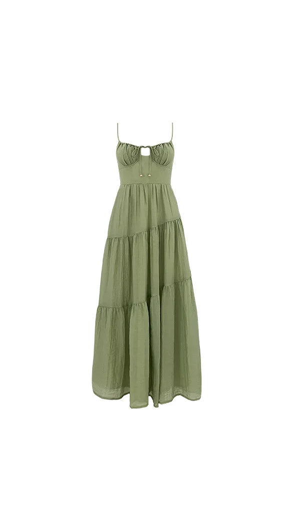 Women Spaghetti Strap Front Tie Tiered Flowy Backless Maxi Dress