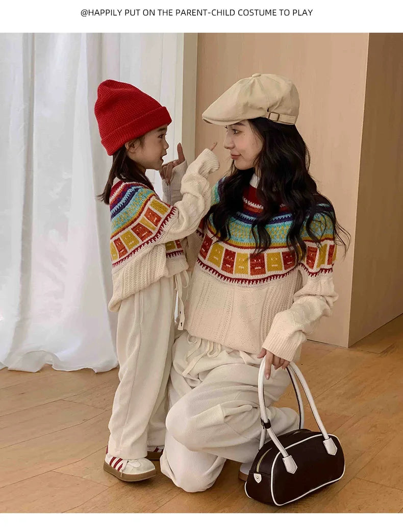Women Sweater Print Family Daughter Matching Equal Mother Same Knit Top Pullover Baby Knitwear Clothes Knitted Jumper Holiday