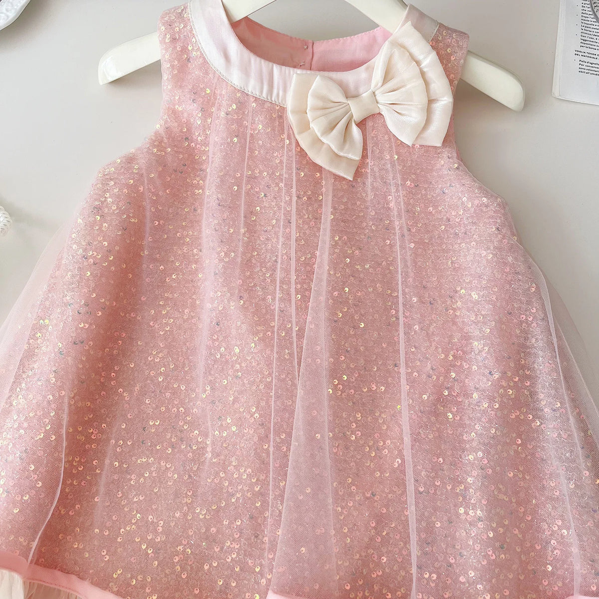 Girls Mesh Party Dress – Sleeveless Bow Detail Gown with Soft Cotton Lining, Special Occasion Outfit Toddler Girl Clothes