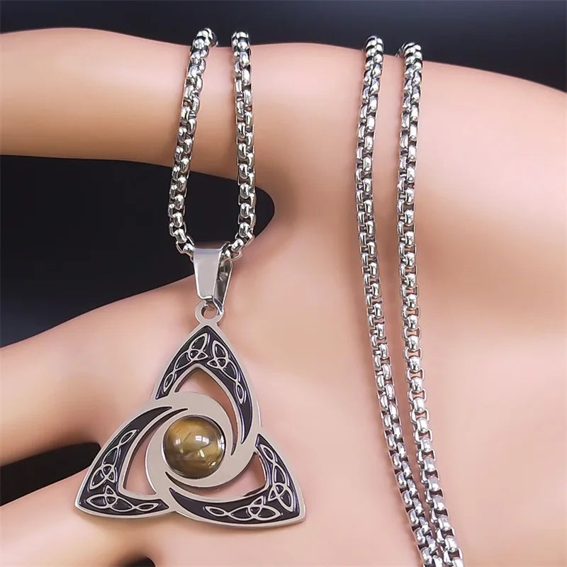 Viking Trinity Knot Necklace For Women'S Men Stainless Steel Tiger Eye Stone Irish Celtic Lucky Amulet Necklaces Jewelry N3806S02