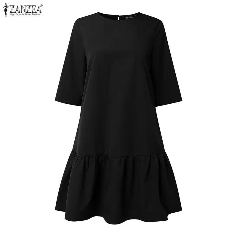 ZANZEA Women's Casual Ruffled Hem Dress O-Neck Half Sleeve A-Line Dress 2026 Summer Daily Solid Color Loose Robes Femme