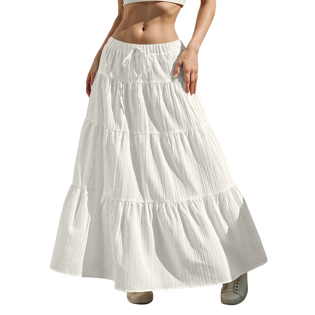 Women's Flared Ruffle Hem Maxi Skirt Fashion Women Solid Long Skirts Elastic Waist Elegant Long Skirt Spring Summer Cake Dress