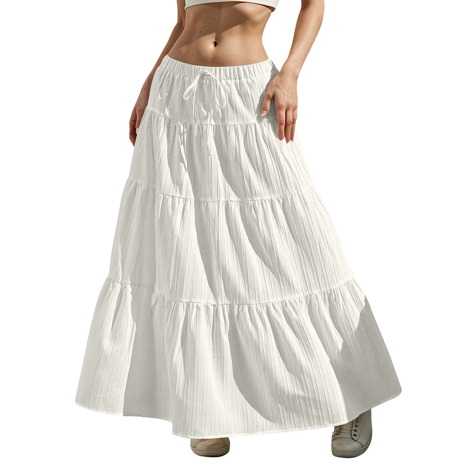Women's Flared Ruffle Hem Maxi Skirt Fashion Women Solid Long Skirts Elastic Waist Elegant Long Skirt Spring Summer Cake Dress