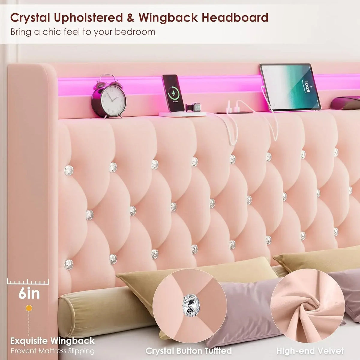 Upholstered Queen LED Bed Frame with Charging Station and 2 Storage Drawers Velvet Crystal Button Tufted Wingback Headboard