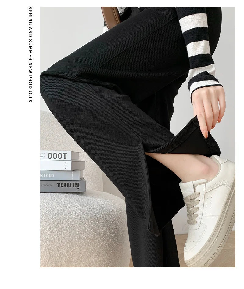 Women's High Waist Wide Leg Knitted Pants - Side Split Casual Long