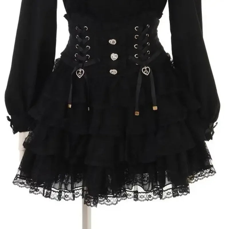 Sweet Kawaii Gothic Lolita Skirt Women Lace Ruffle High Waist Tiered Skirt with Bow Pearl Chain Decor Cute A-line Mini Skirt