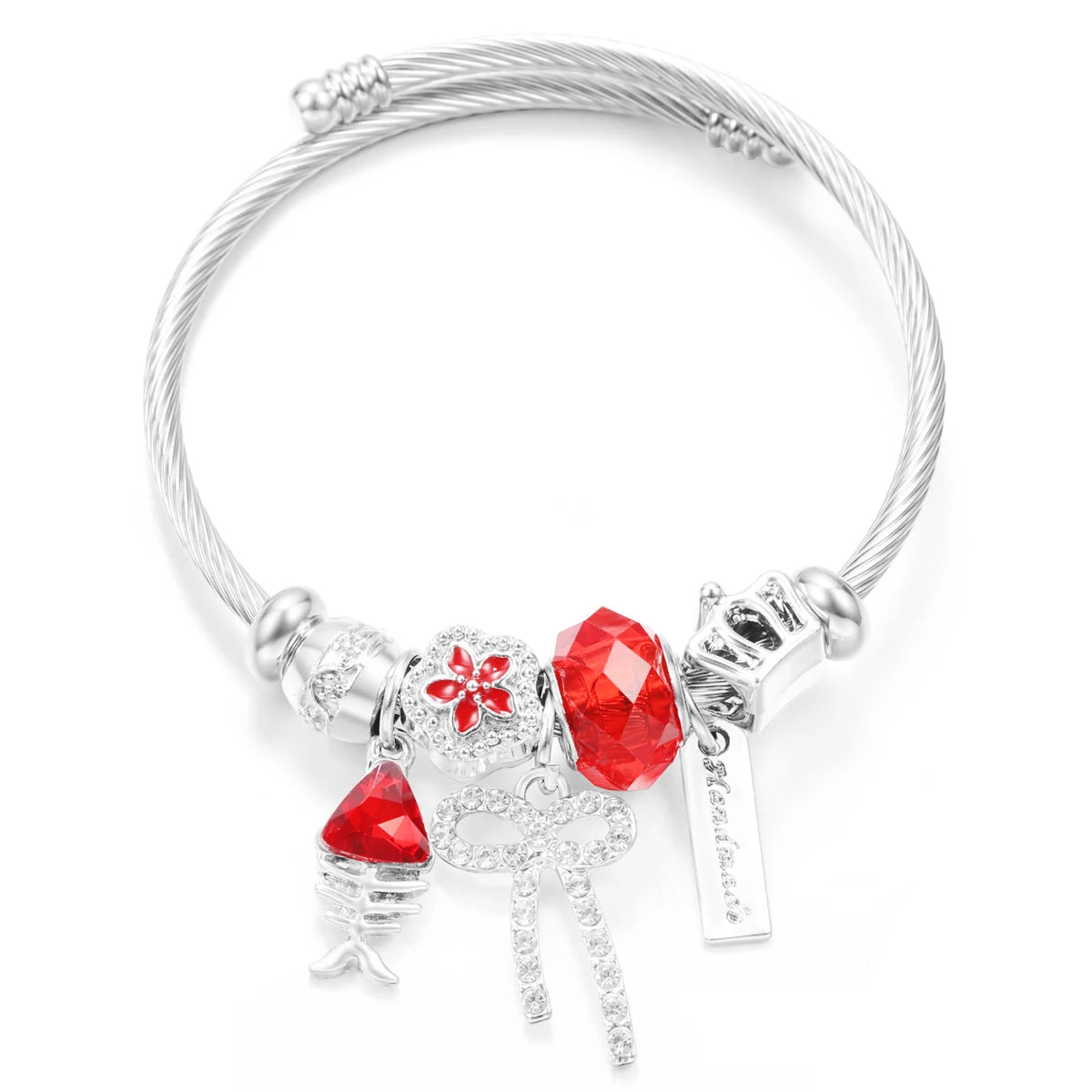 New Trendy Rhinestones Dragonfly Crystal Beaded Pendant Bracelet Stainless Steel 4 Colors Closure Bangles Women'S Bracelet Jewelry