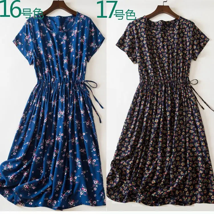 Cotton Silk Dress Women's Short Sleeved 2026 Summer New Ladies Slim Round Neck Temperament Beach Print Dresses
