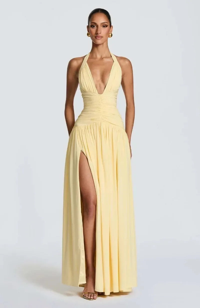 Elegant Strapless Ruched Maxi Dress Sexy Backless Lace Up Cinched Waist Slit Draped Bodycon Dresses Cocktail Party Evening Gown