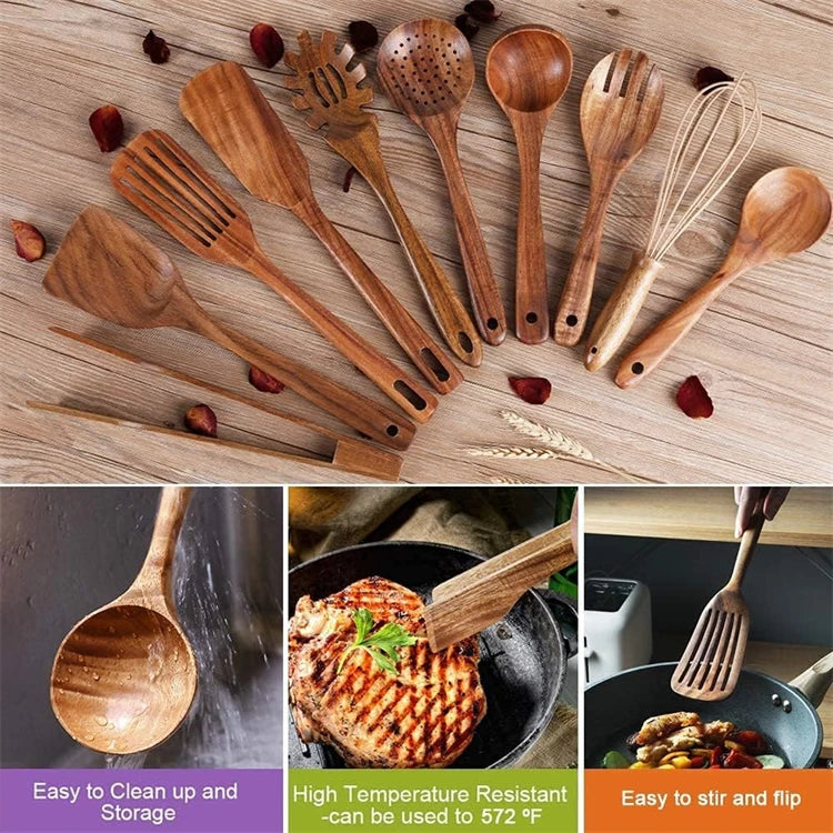 LMETJMA 10 Unidades de Utensilios de Cocina de Madera de Teca Natural, Juego de Cucharas y Espátulas de Madera para Cocinar y Hornear JT503